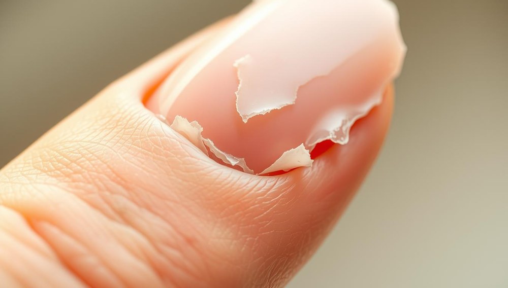 Detailed close-up shot of gel nail polish peeling and flaking off the sides of a natural human fingernail. Visible are the thin layers of gel lifting away from the nail bed, creating uneven, ragged edges. Warm, natural lighting illuminates the textures and cracks. Precise, photorealistic rendering with accurate, high-quality details capturing the typical appearance of this common nail condition.