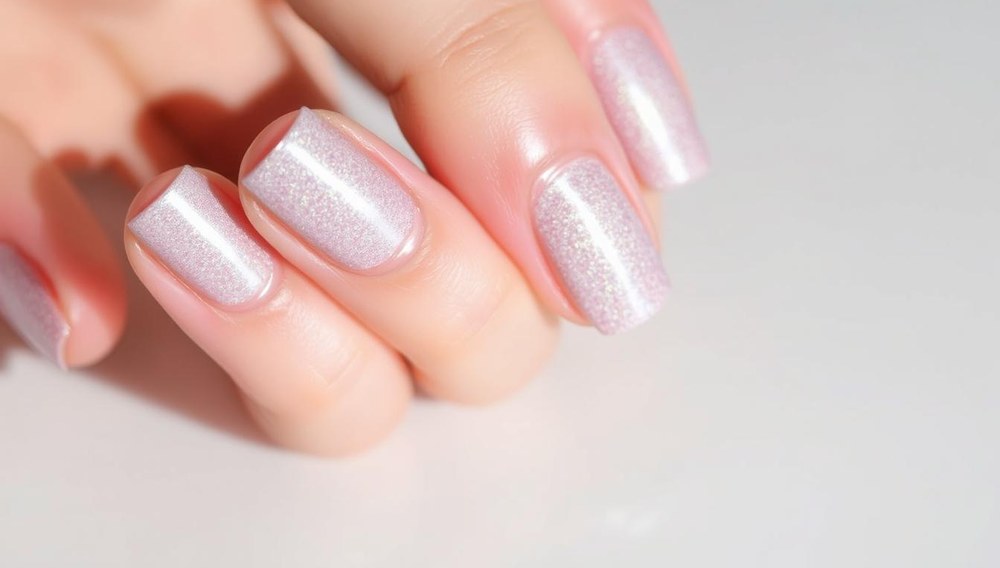 A close-up view of a manicured hand, neatly painted with a shimmering gel-based nail polish. The nails have a glossy, well-sealed appearance, suggesting a durable and long-lasting finish. The lighting is soft and directional, accentuating the contours of the fingers and highlighting the vibrant color of the polish. In the background, a clean, neutral surface provides a simple, uncluttered backdrop, allowing the focus to remain on the carefully maintained nails. The overall composition conveys a sense of attention to detail and the effective prevention of chipping or peeling of the gel-based coating.